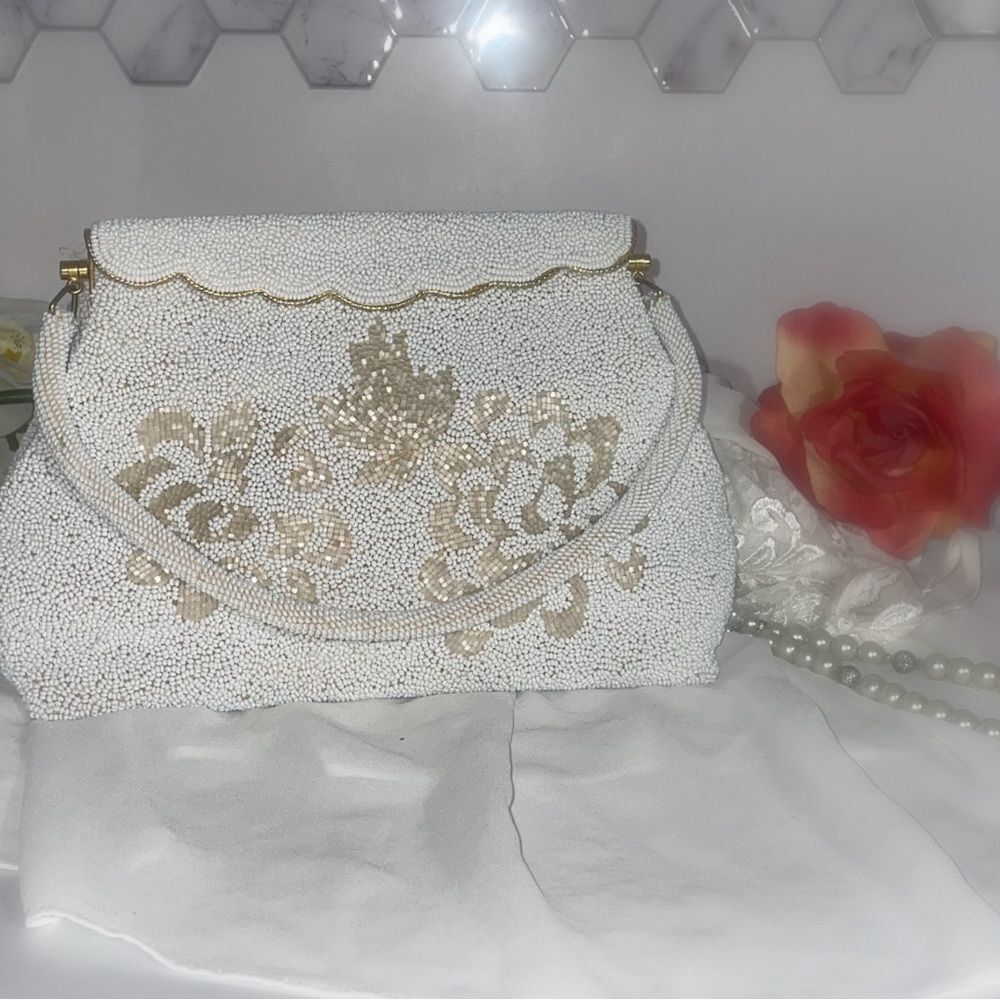 Elegant White and Gold Beaded Bridal Bag